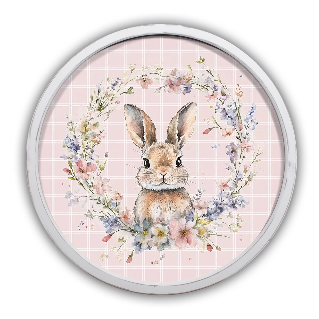 20" Check Floral Bunny Print in Round White Frame